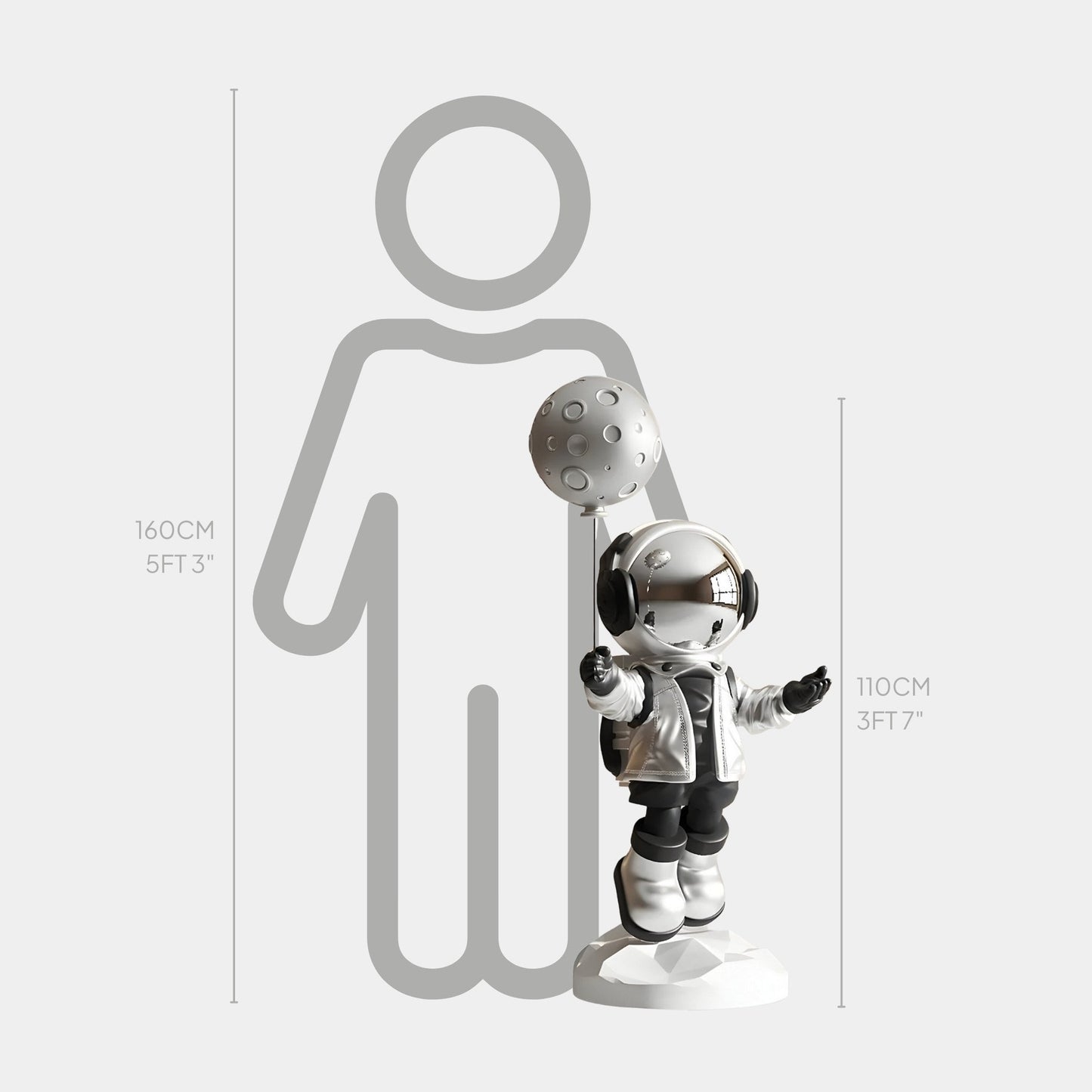 Medium Lunar Silver Astronaut Moon Balloon Sculpture - 110cm