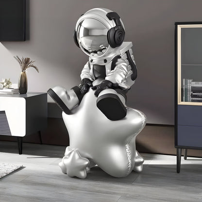 Medium Astral Silver Astronaut Beats On Star Sculpture - 90cm