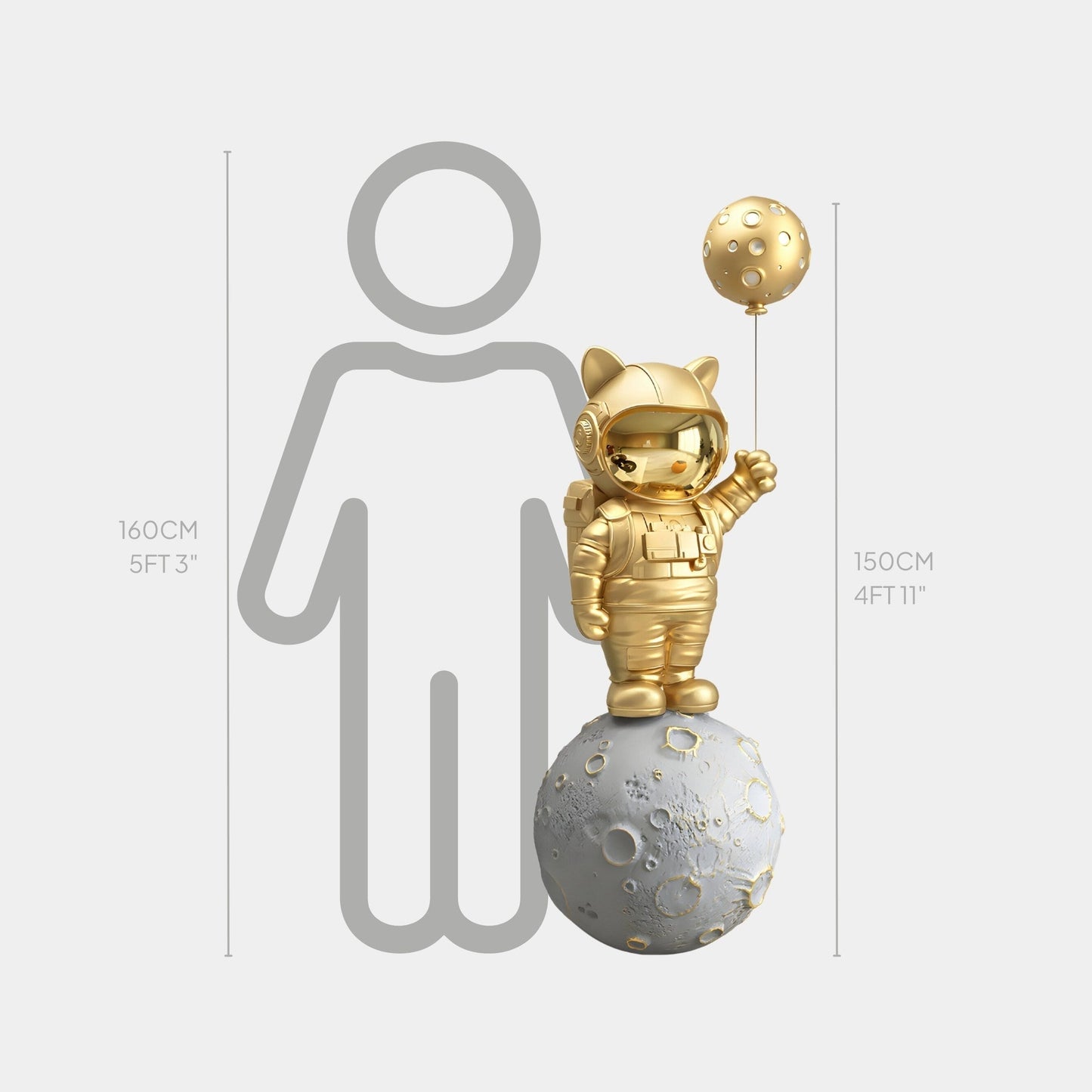 Medium Gilded Gold Astronaut Kitty Moon Balloon Sculpture - 150cm